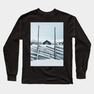 Wooden Fence and Cabin in Beautiful White Norwegian Winter Landscape Long Sleeve T-Shirt